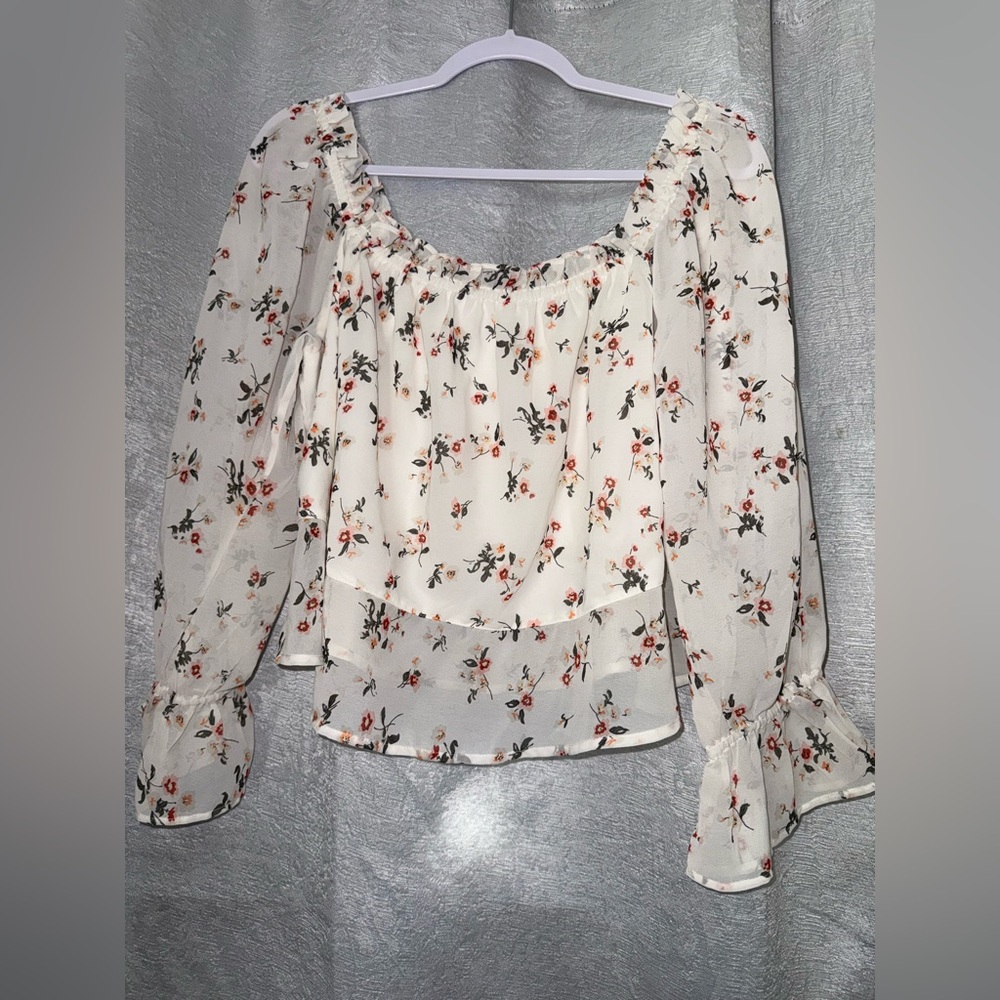 Floral White Blouse with Long Sleeves - off the shoulder
